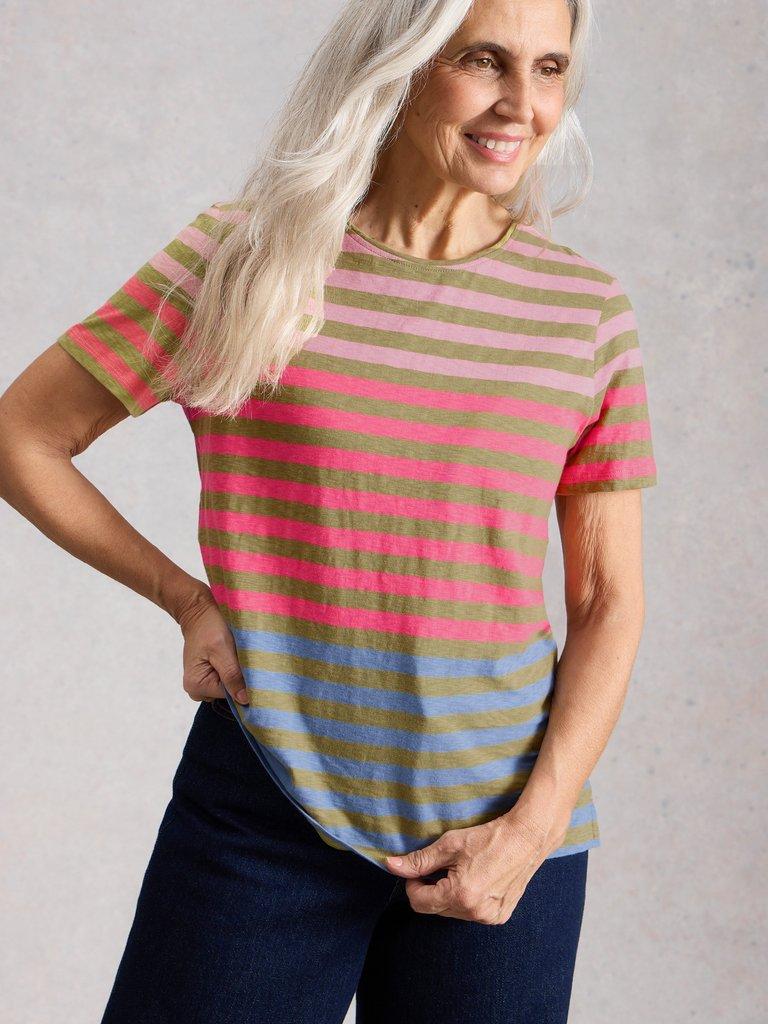 ABBIE STRIPE T-SHIRT in GREEN MLT - MODEL DETAIL