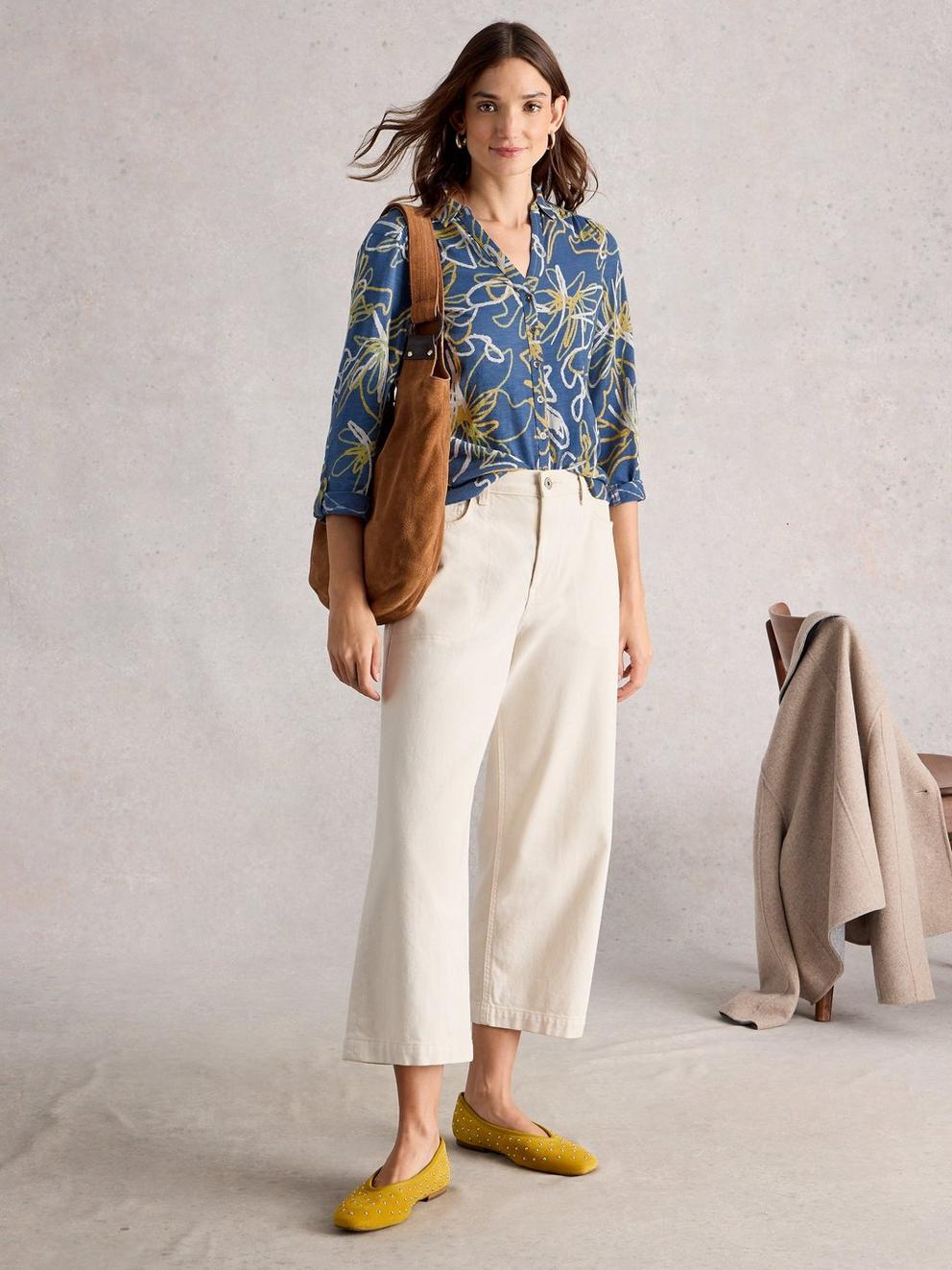 WOMENS ANNIE COLLARED SHIRT JERSEY in BLUE PR - MODEL FRONT