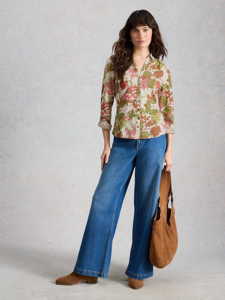 WOMENS ANNIE COLLARED SHIRT JERSEY in GREEN MLT - MODEL FRONT