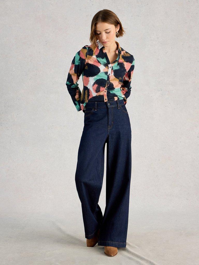 WOMENS ANNIE COLLARED SHIRT JERSEY in NAVY PR - MODEL FRONT