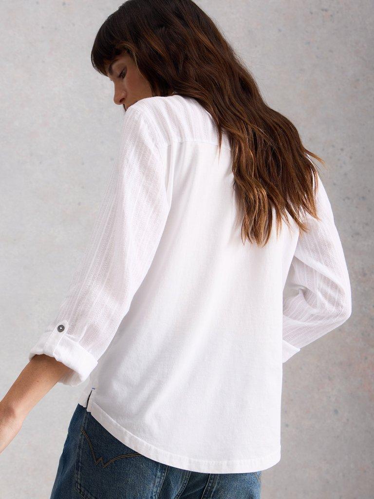 ANNIE MIX JERSEY COLLARED SHIRT in BRIL WHITE - MODEL BACK