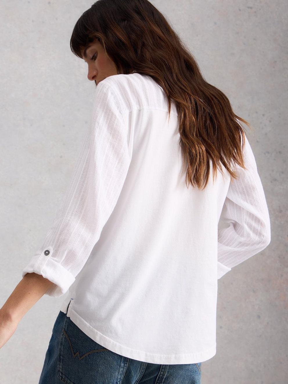 ANNIE MIX JERSEY COLLARED SHIRT in BRIL WHITE - MODEL BACK