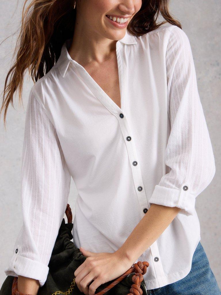 ANNIE MIX JERSEY COLLARED SHIRT in BRIL WHITE - MODEL DETAIL