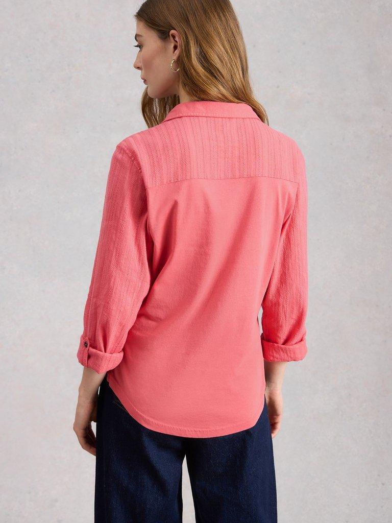 ANNIE MIX JERSEY COLLARED SHIRT in MID PINK - MODEL BACK