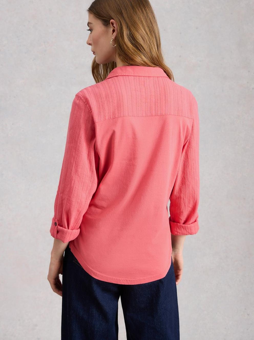 ANNIE MIX JERSEY COLLARED SHIRT in MID PINK - MODEL BACK
