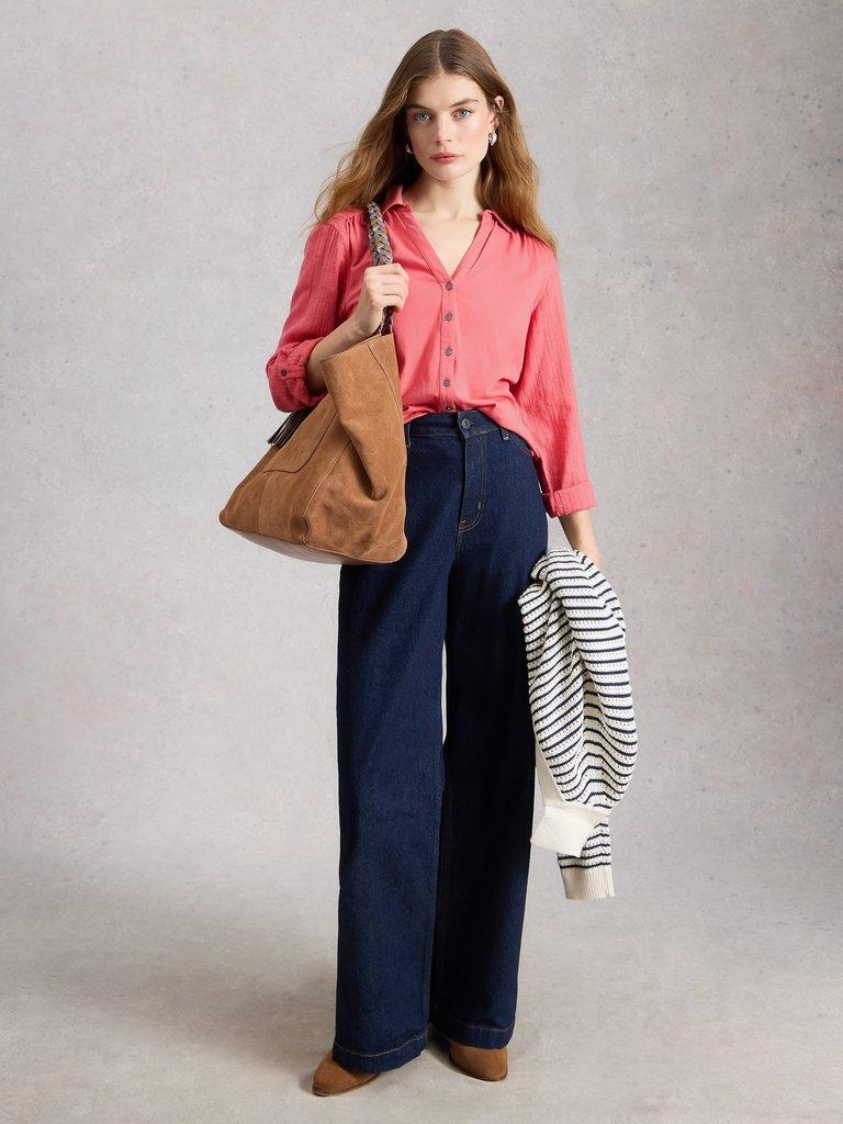 ANNIE MIX JERSEY COLLARED SHIRT in MID PINK - MODEL FRONT