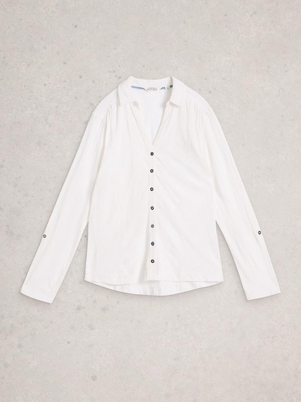 ANNIE BRODERIE COLLARED JERSEY SHIRT in BRIL WHITE - FLAT FRONT