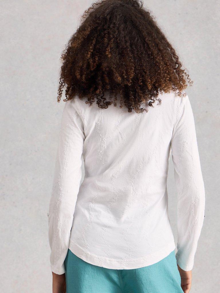 ANNIE BRODERIE COLLARED JERSEY SHIRT in BRIL WHITE - MODEL BACK
