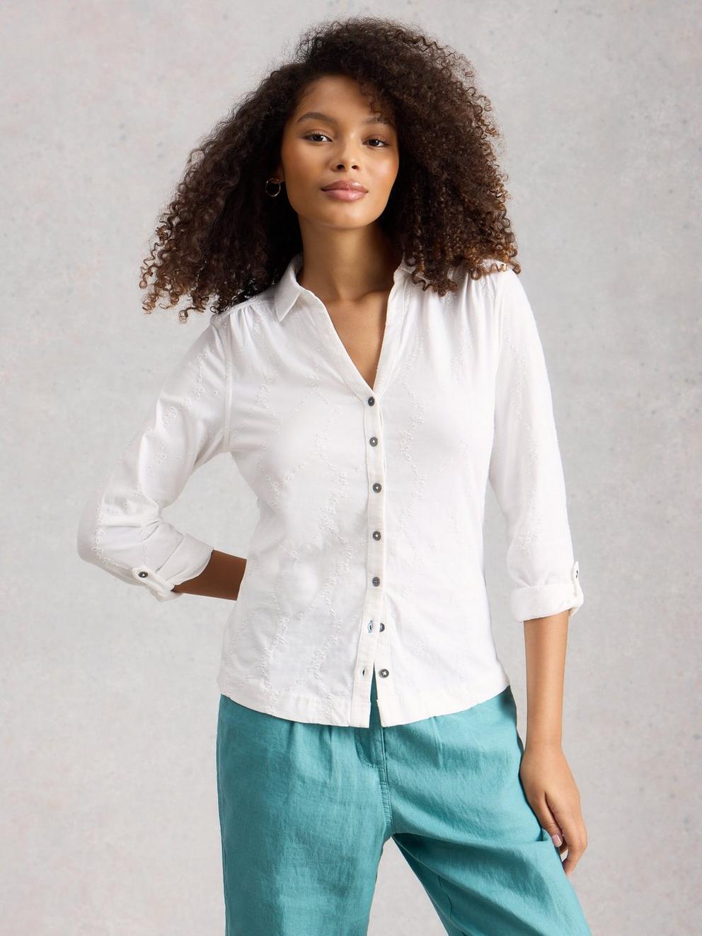 ANNIE BRODERIE COLLARED JERSEY SHIRT in BRIL WHITE - MODEL DETAIL