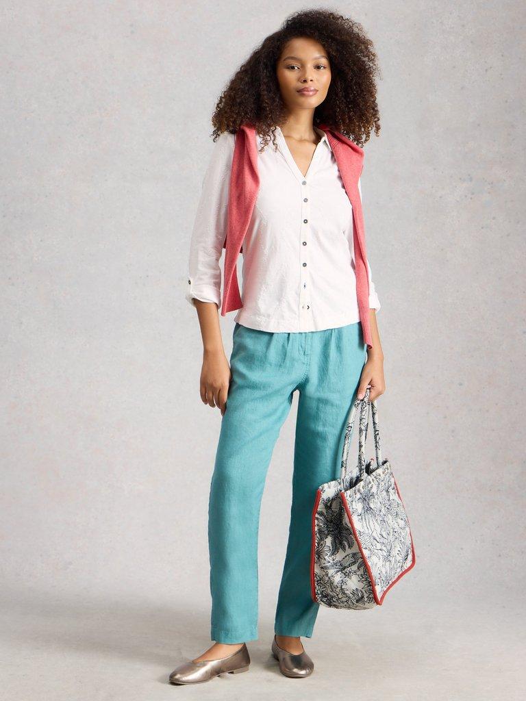 ANNIE BRODERIE COLLARED JERSEY SHIRT in BRIL WHITE - MODEL FRONT