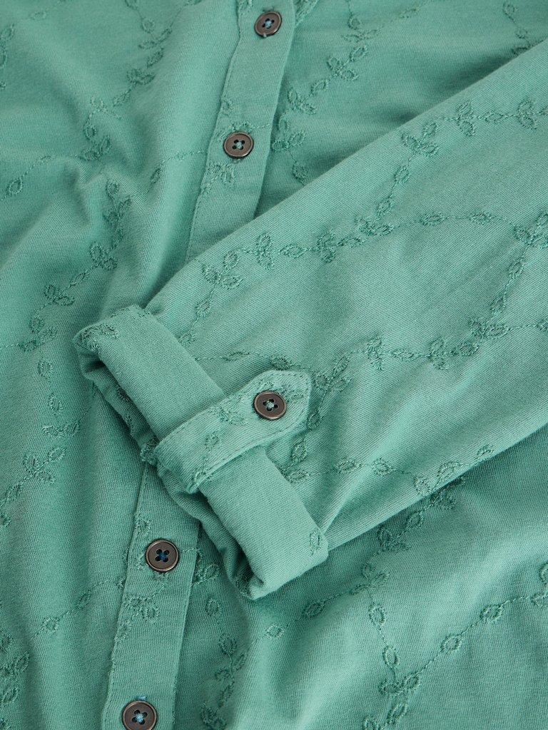ANNIE BRODERIE COLLARED JERSEY SHIRT in MID TEAL - FLAT DETAIL
