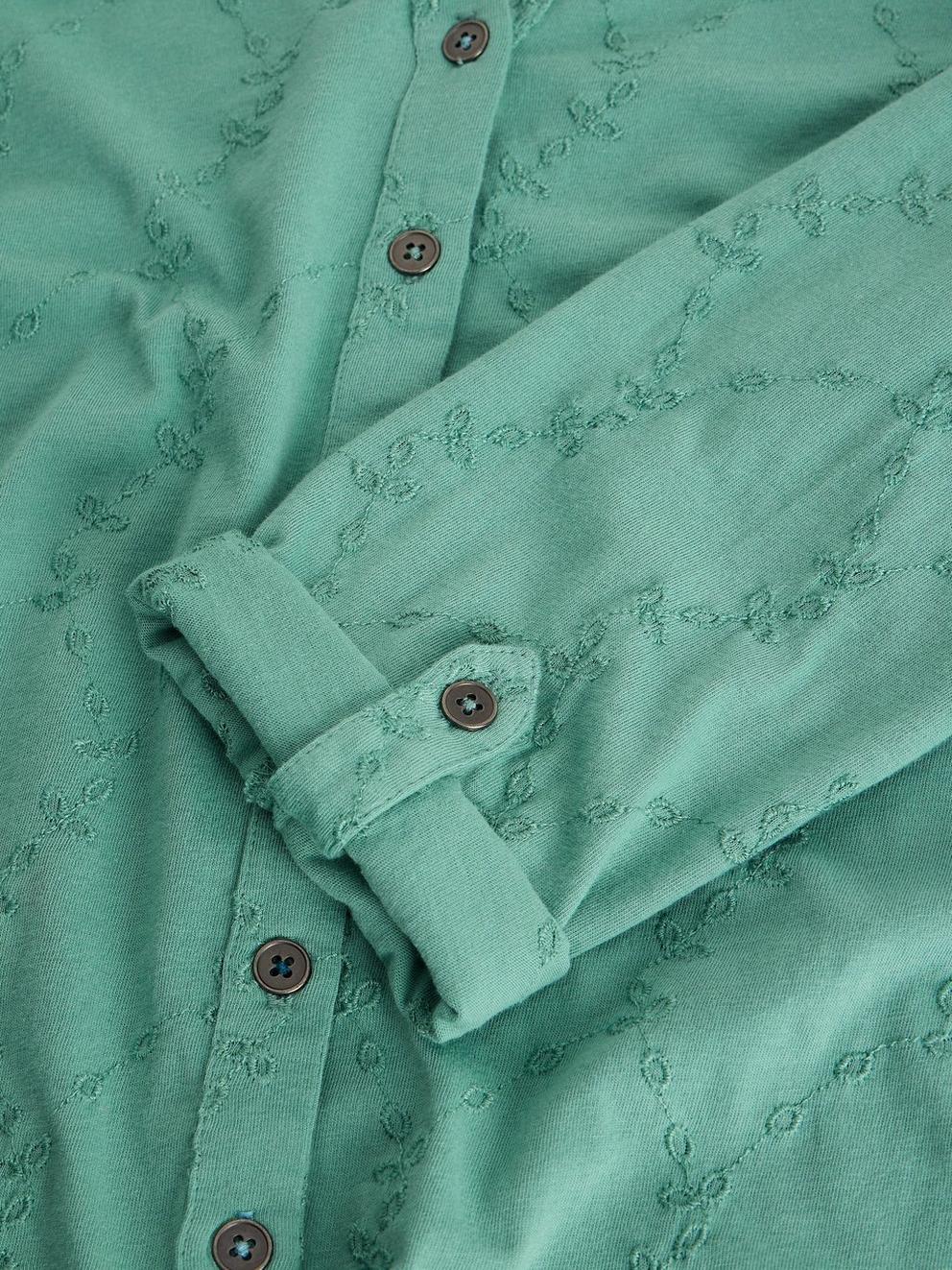ANNIE BRODERIE COLLARED JERSEY SHIRT in MID TEAL - FLAT DETAIL