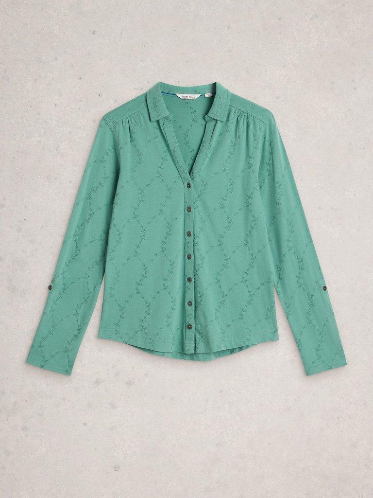 ANNIE BRODERIE COLLARED JERSEY SHIRT in MID TEAL - FLAT FRONT