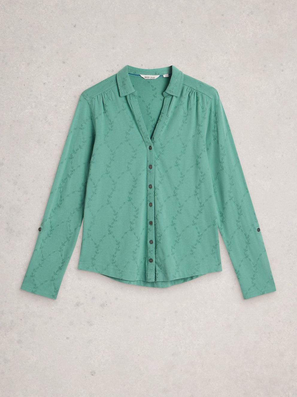 ANNIE BRODERIE COLLARED JERSEY SHIRT in MID TEAL - FLAT FRONT