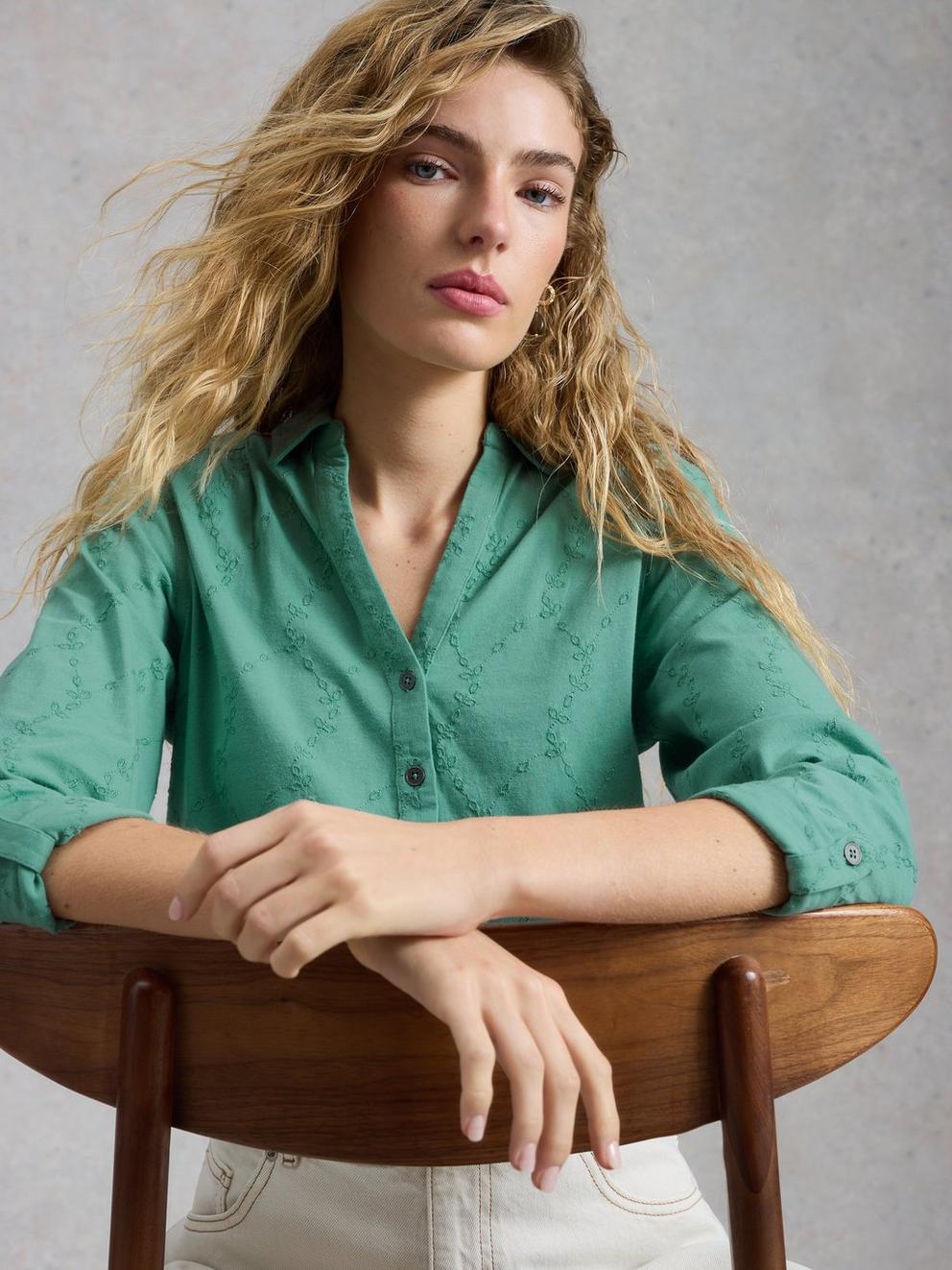 ANNIE BRODERIE COLLARED JERSEY SHIRT in MID TEAL - LIFESTYLE
