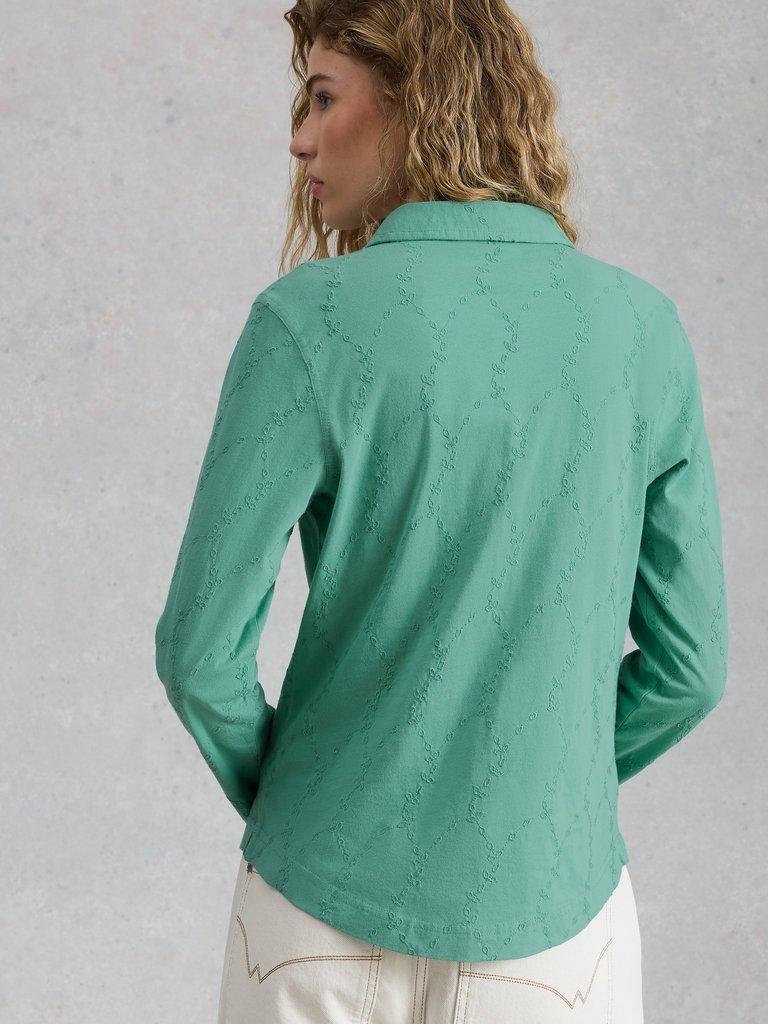 ANNIE BRODERIE COLLARED JERSEY SHIRT in MID TEAL - MODEL BACK