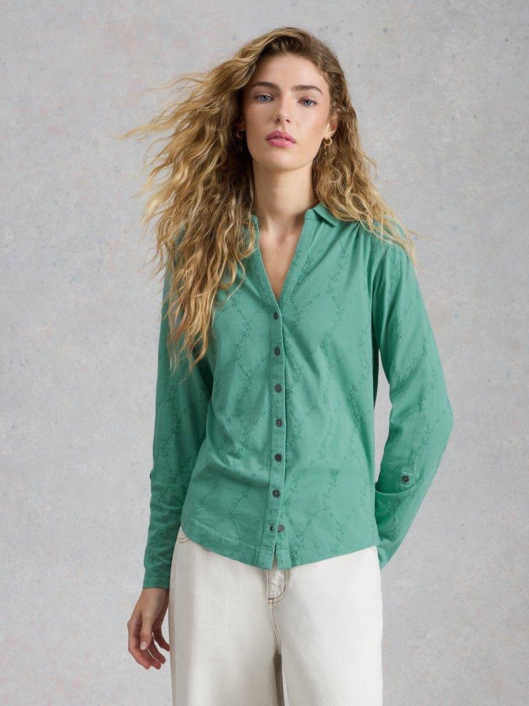 ANNIE BRODERIE COLLARED JERSEY SHIRT in MID TEAL - MODEL DETAIL
