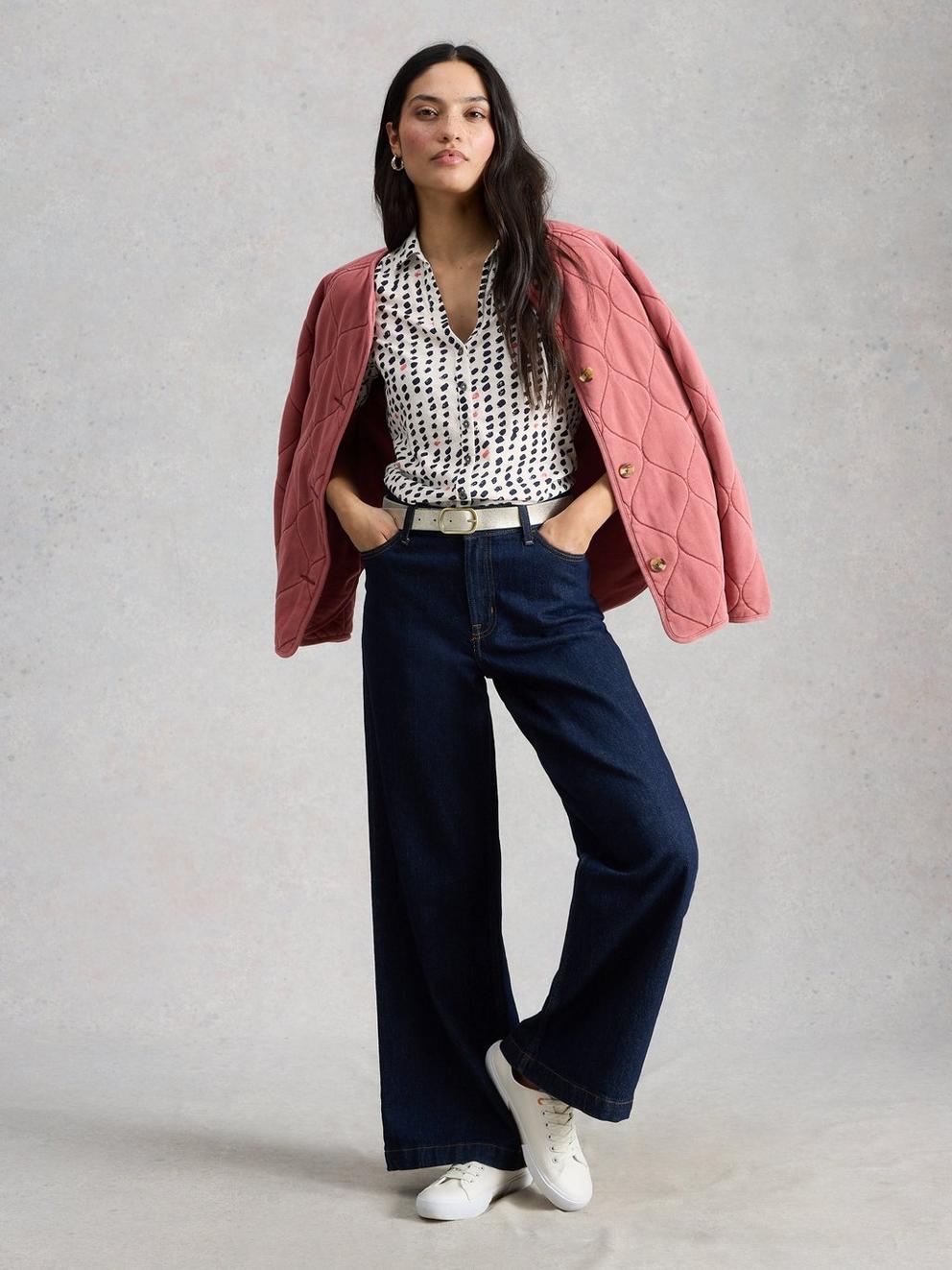 ANNIE SHORT SLEEVE COLLARED JERSEY SHIRT in IVORY PR - MODEL FRONT