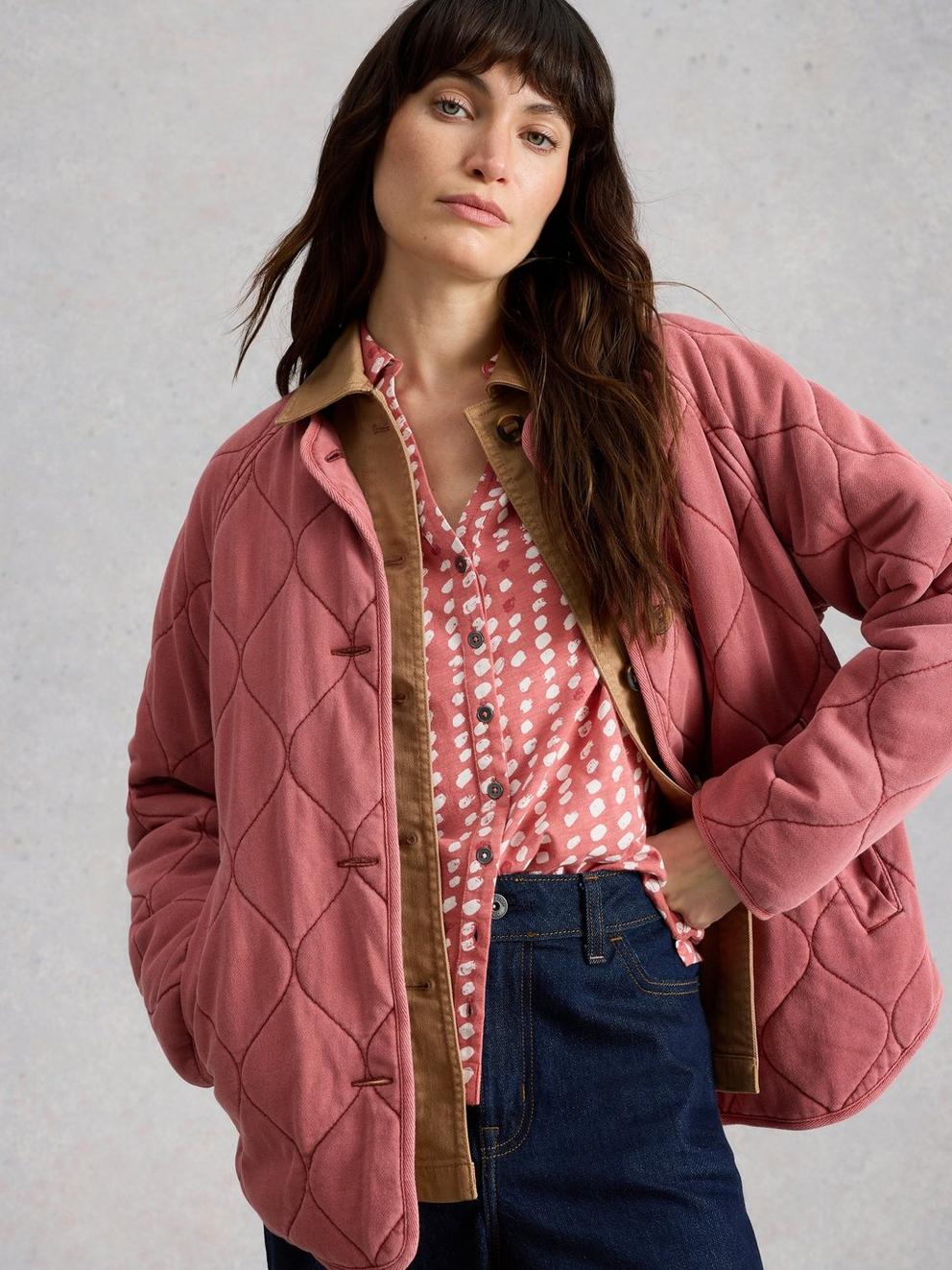 ANNIE SHORT SLEEVE COLLARED JERSEY SHIRT in PINK MLT - LIFESTYLE