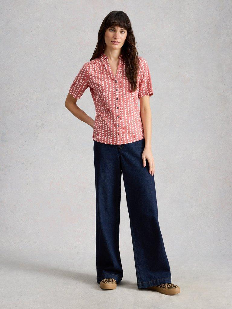 ANNIE SHORT SLEEVE COLLARED JERSEY SHIRT in PINK MLT - MODEL FRONT