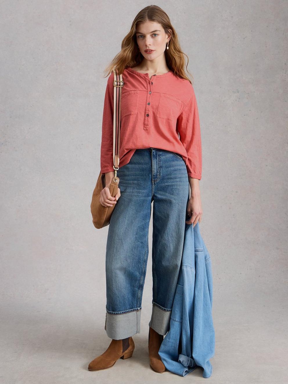 BETH 34 SLEEVE SHIRT in MID PINK - MODEL FRONT