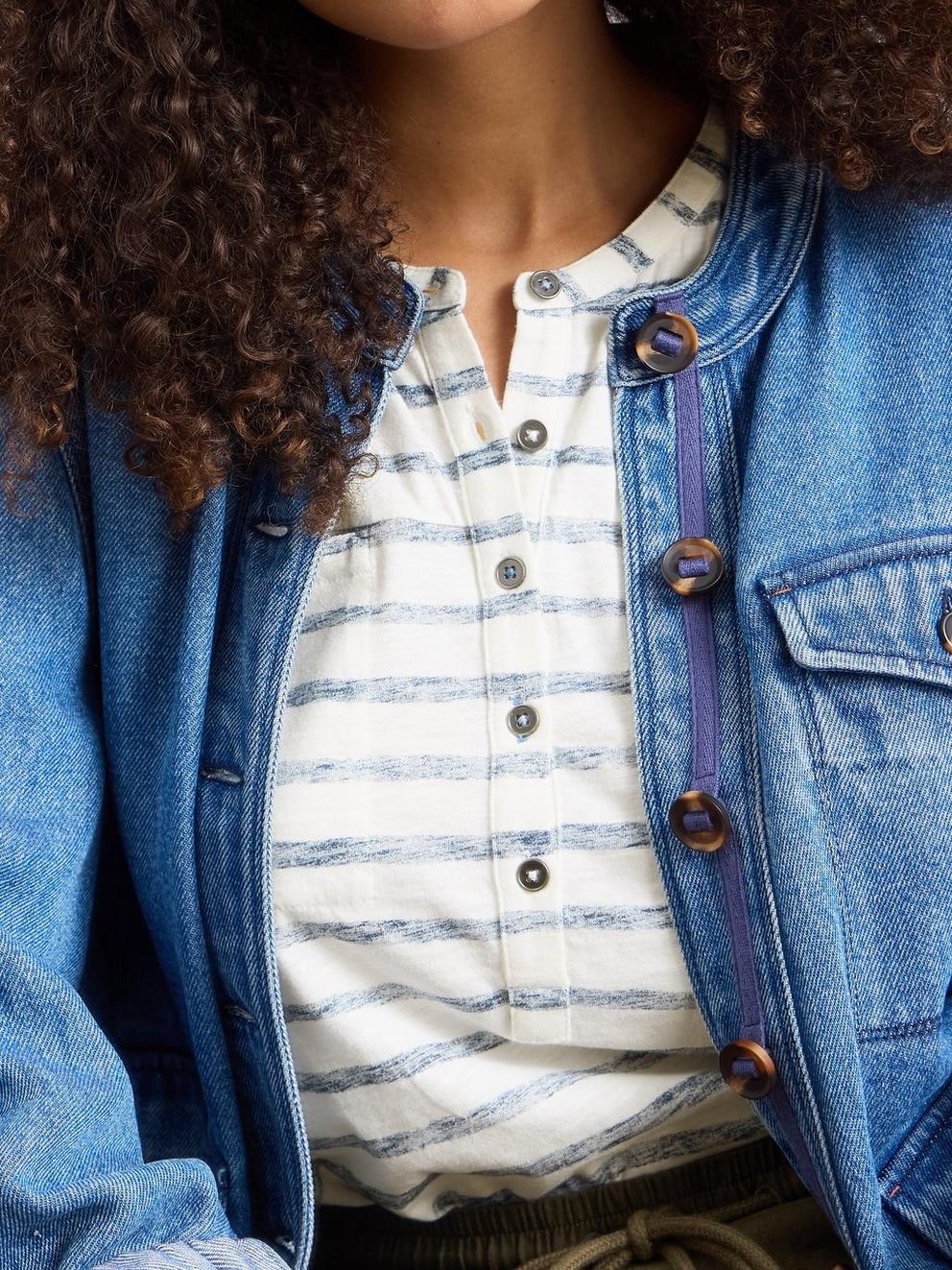 BETH STRIPE 34 SLEEVE SHIRT in NAVY MULTI - MODEL DETAIL