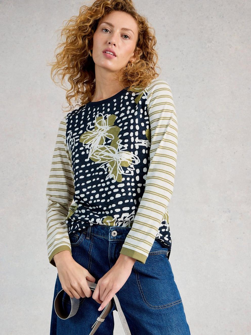 CLARA LONG SLEEVE TEE CREW NECK in GREEN PR - MODEL DETAIL