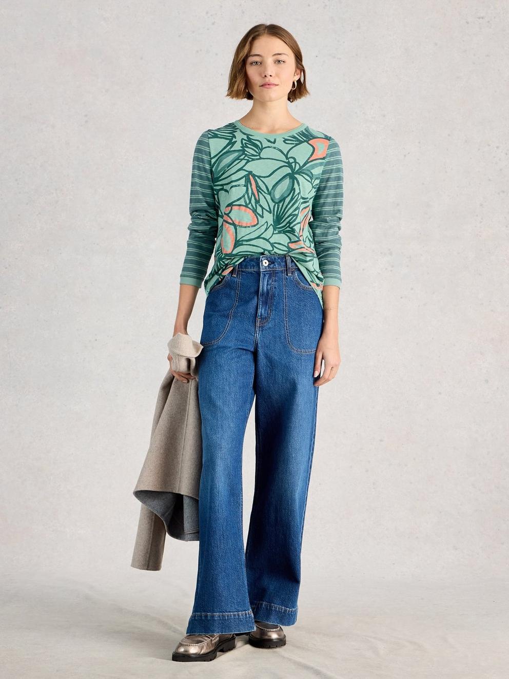 CLARA LONG SLEEVE TEE CREW NECK in TEAL PR - MODEL FRONT