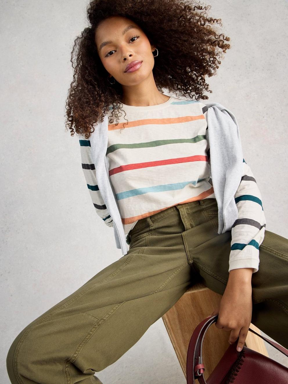 CLARA LONG SLEEVE STRIPED TEE in IVORY MLT - LIFESTYLE