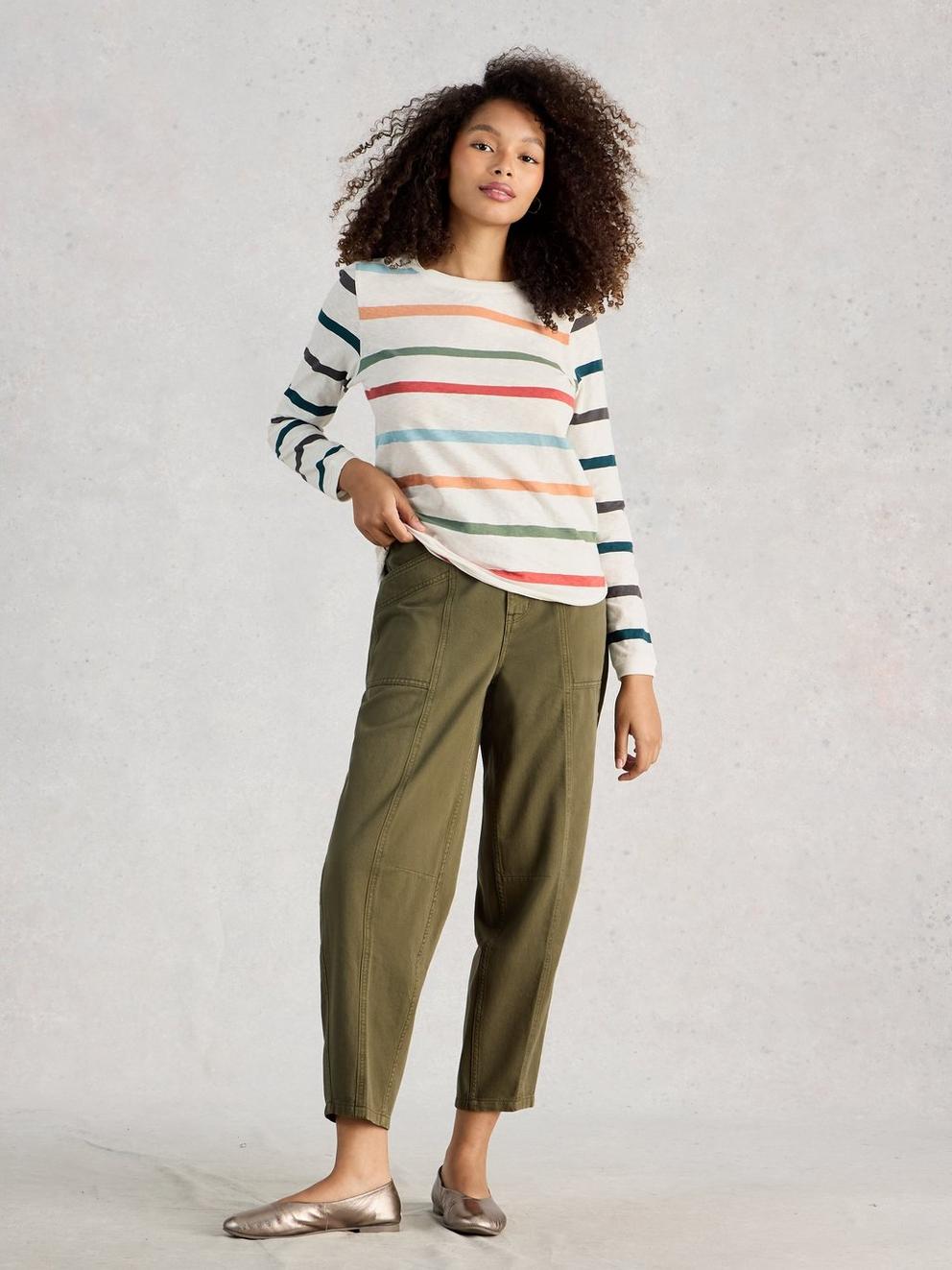 CLARA LONG SLEEVE STRIPED TEE in IVORY MLT - MODEL FRONT