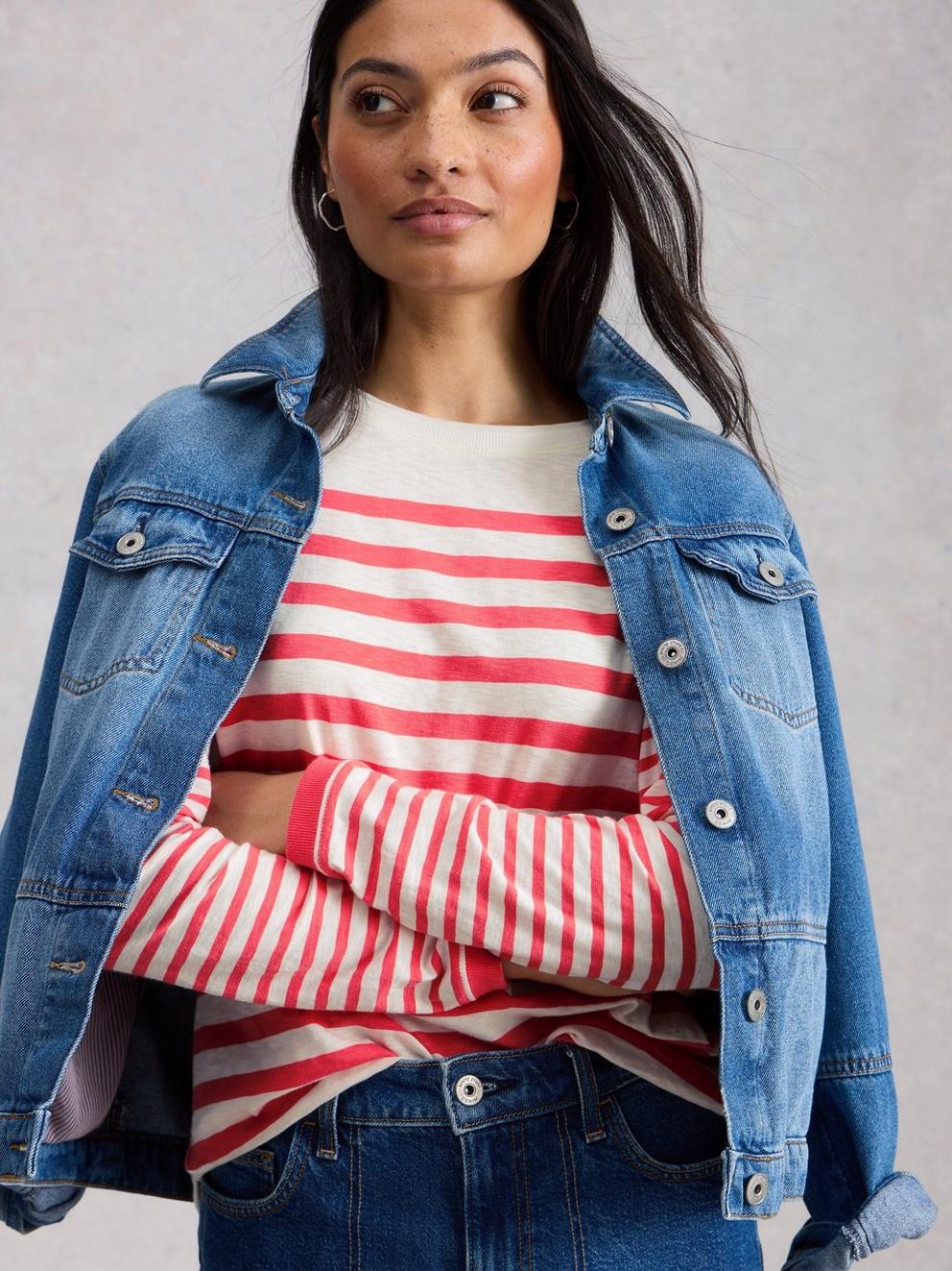 CLARA LONG SLEEVE STRIPED TEE in PINK MLT - LIFESTYLE