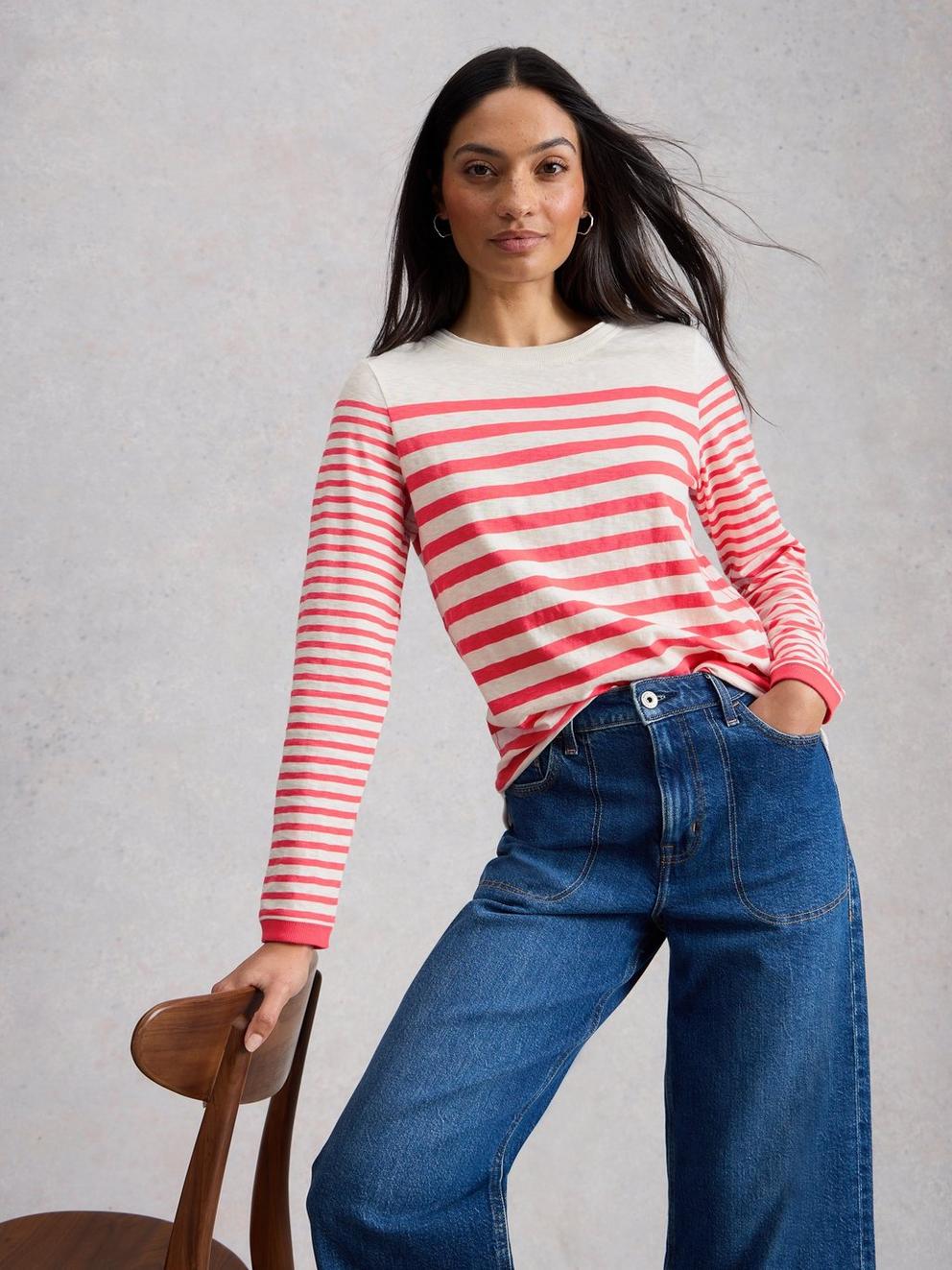 CLARA LONG SLEEVE STRIPED TEE in PINK MLT - MODEL DETAIL