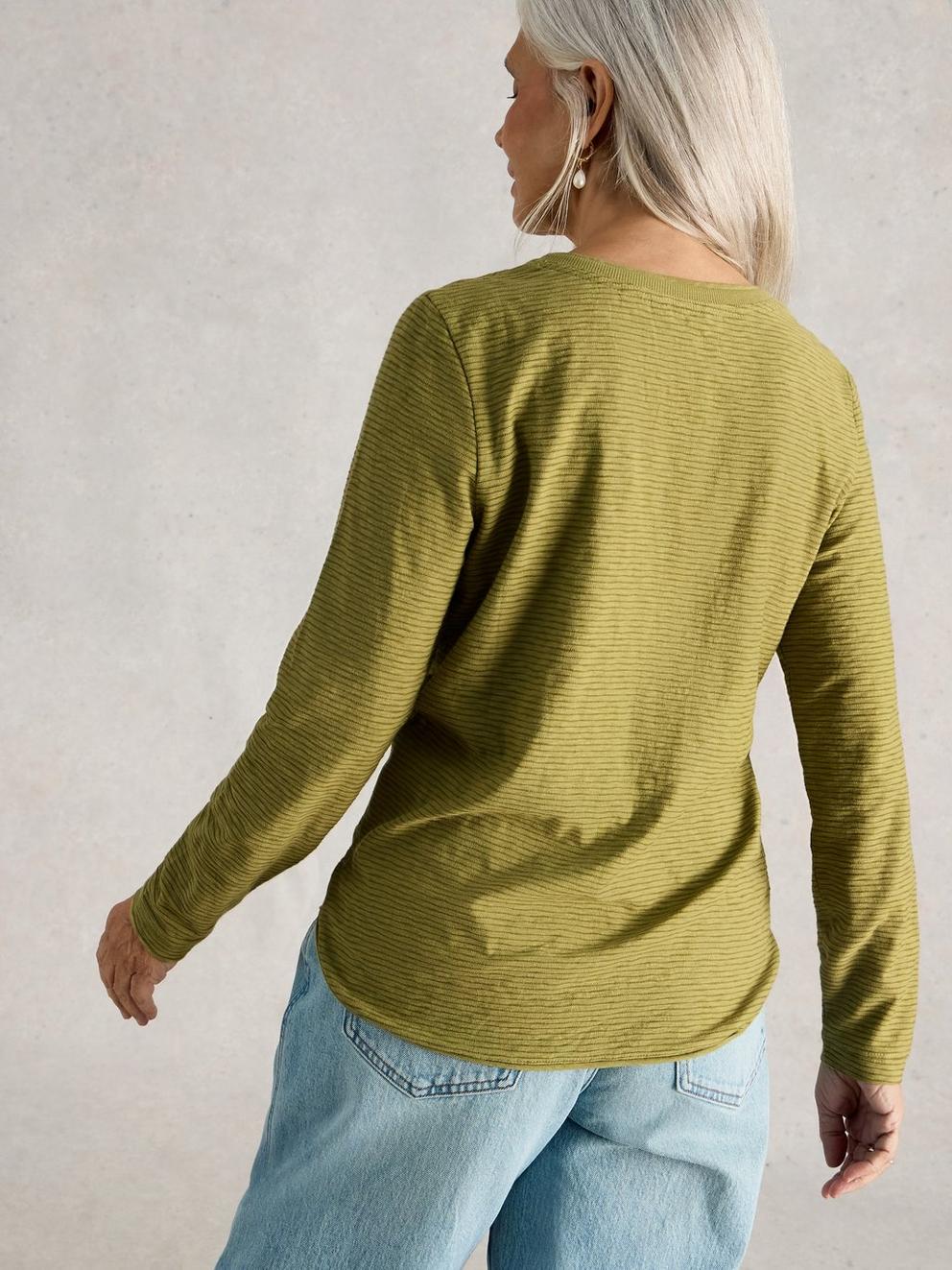 CLARA TEXTURE LS TEE in KHAKI GRN - MODEL BACK