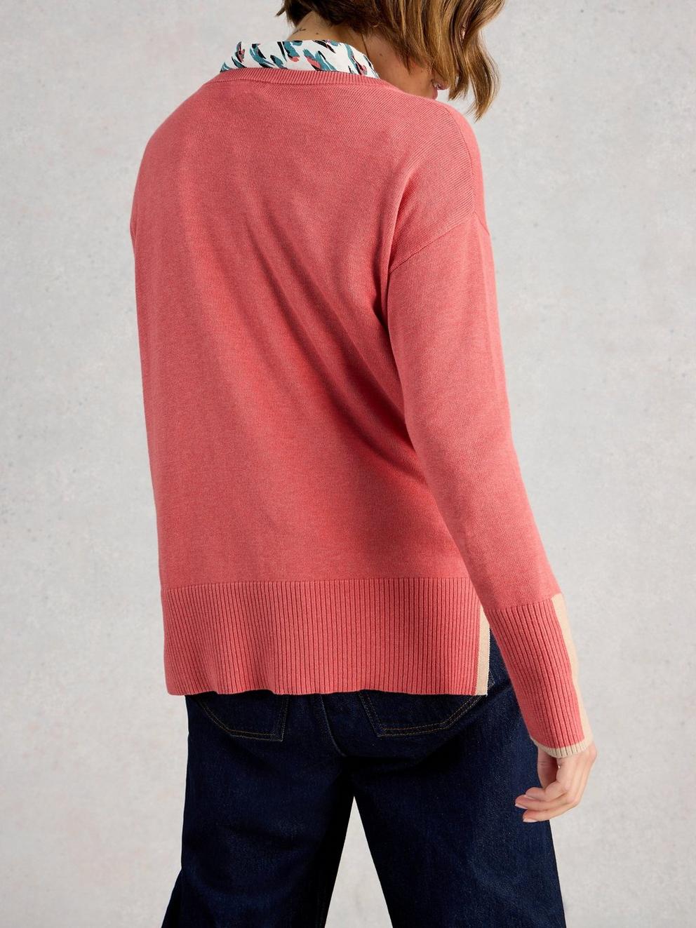 OLIVE CREW NECK LONG SLEEVE JUMPER in MID PINK - MODEL BACK