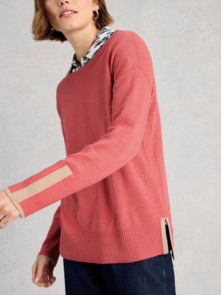OLIVE CREW NECK LONG SLEEVE JUMPER in MID PINK - MODEL DETAIL