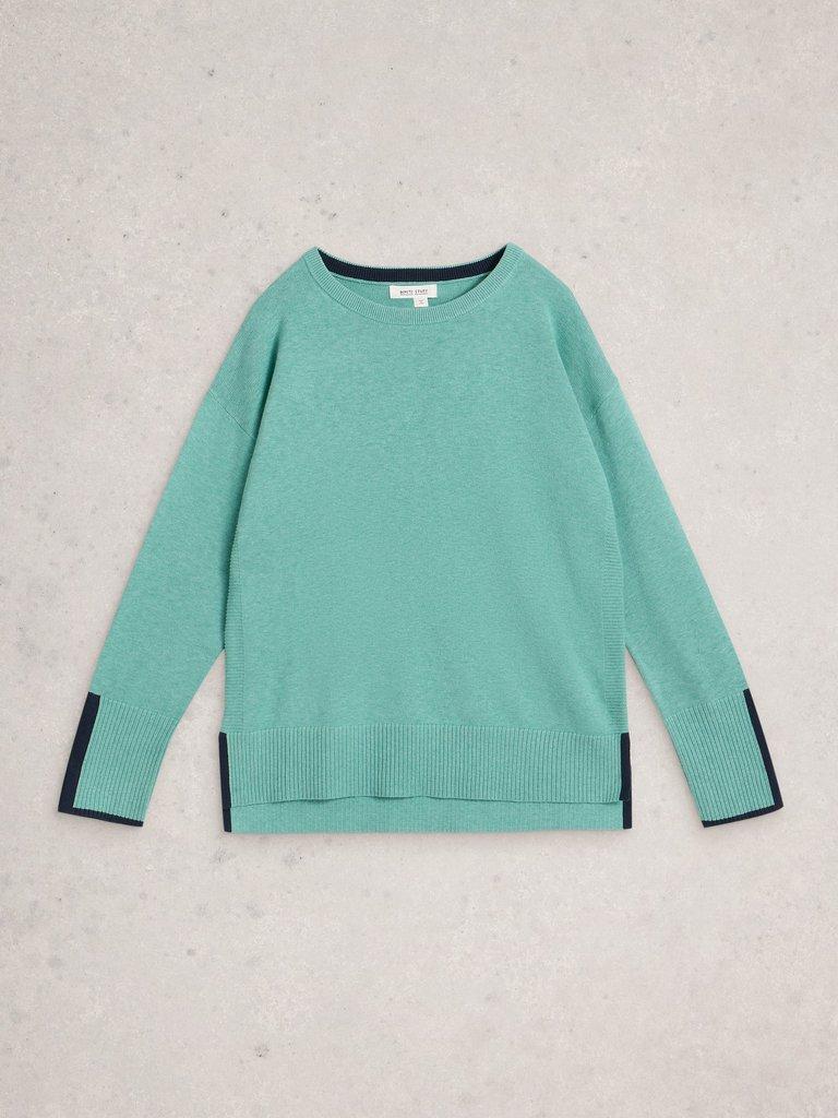 OLIVE CREW NECK LONG SLEEVE JUMPER in MID TEAL - FLAT FRONT