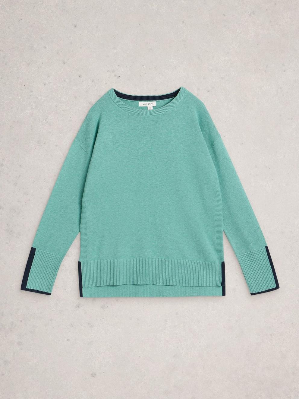 OLIVE CREW NECK LONG SLEEVE JUMPER in MID TEAL - FLAT FRONT