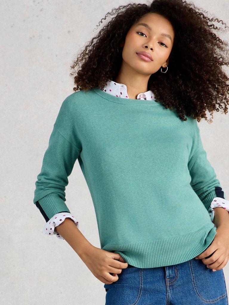 OLIVE CREW NECK LONG SLEEVE JUMPER in MID TEAL - LIFESTYLE
