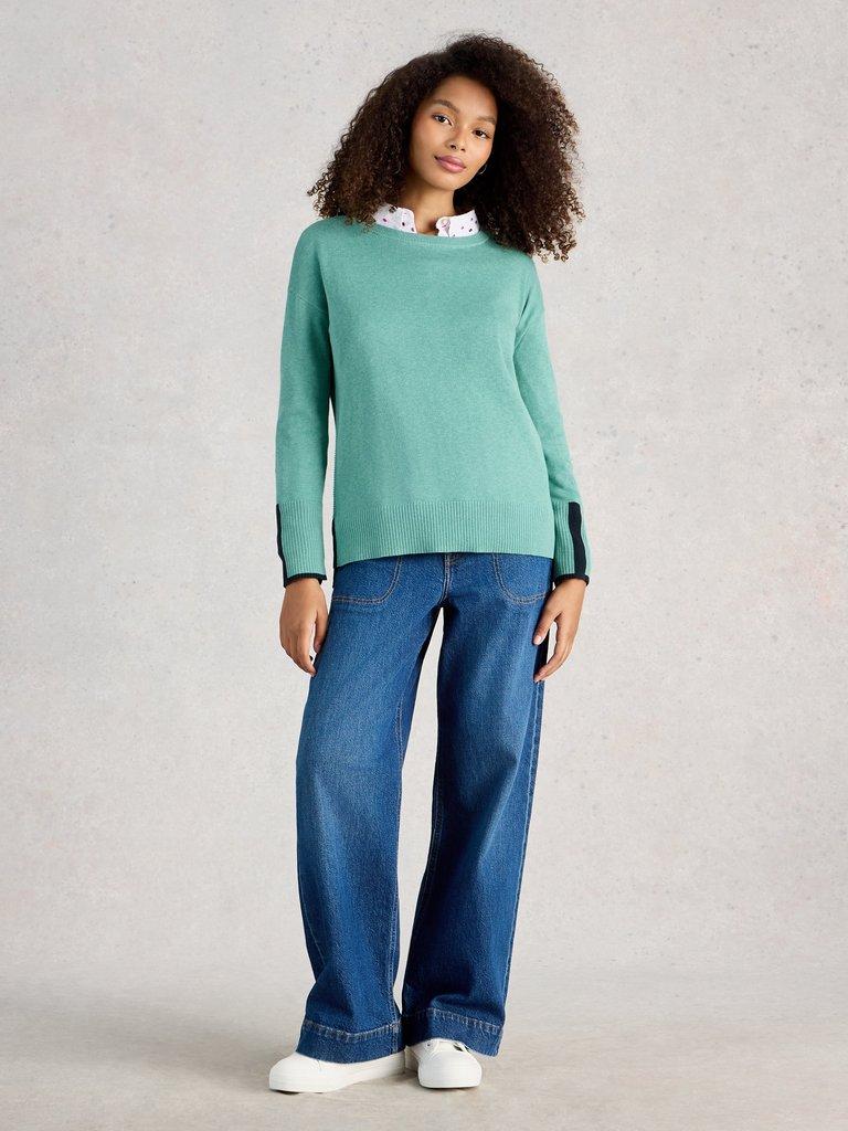 OLIVE CREW NECK LONG SLEEVE JUMPER in MID TEAL - MODEL FRONT