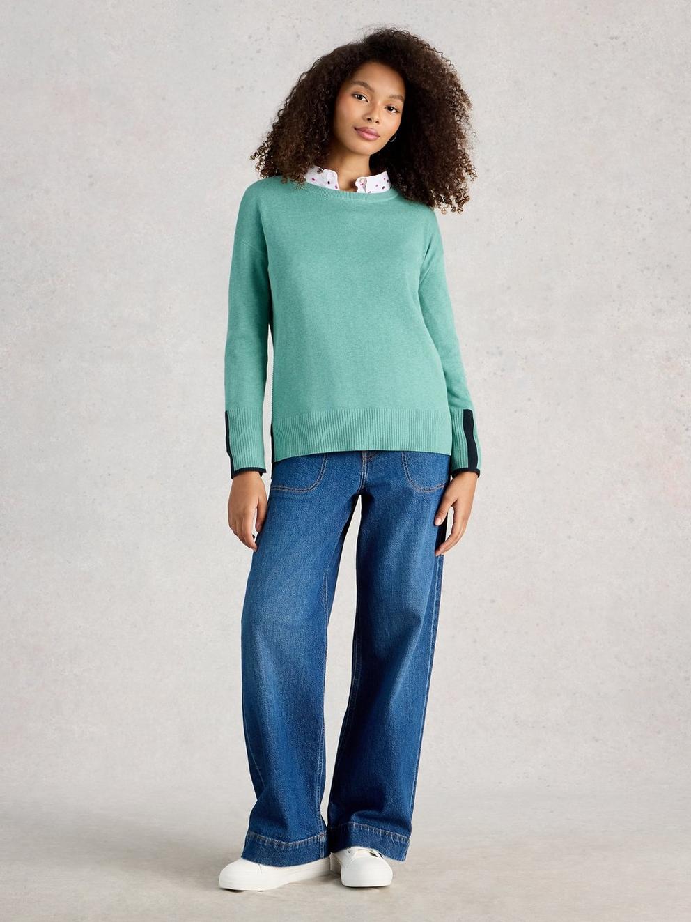 OLIVE CREW NECK LONG SLEEVE JUMPER in MID TEAL - MODEL FRONT