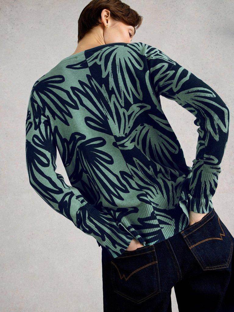 OLIVE PRINT CREW NECK JUMPER in BLUE PR - MODEL BACK