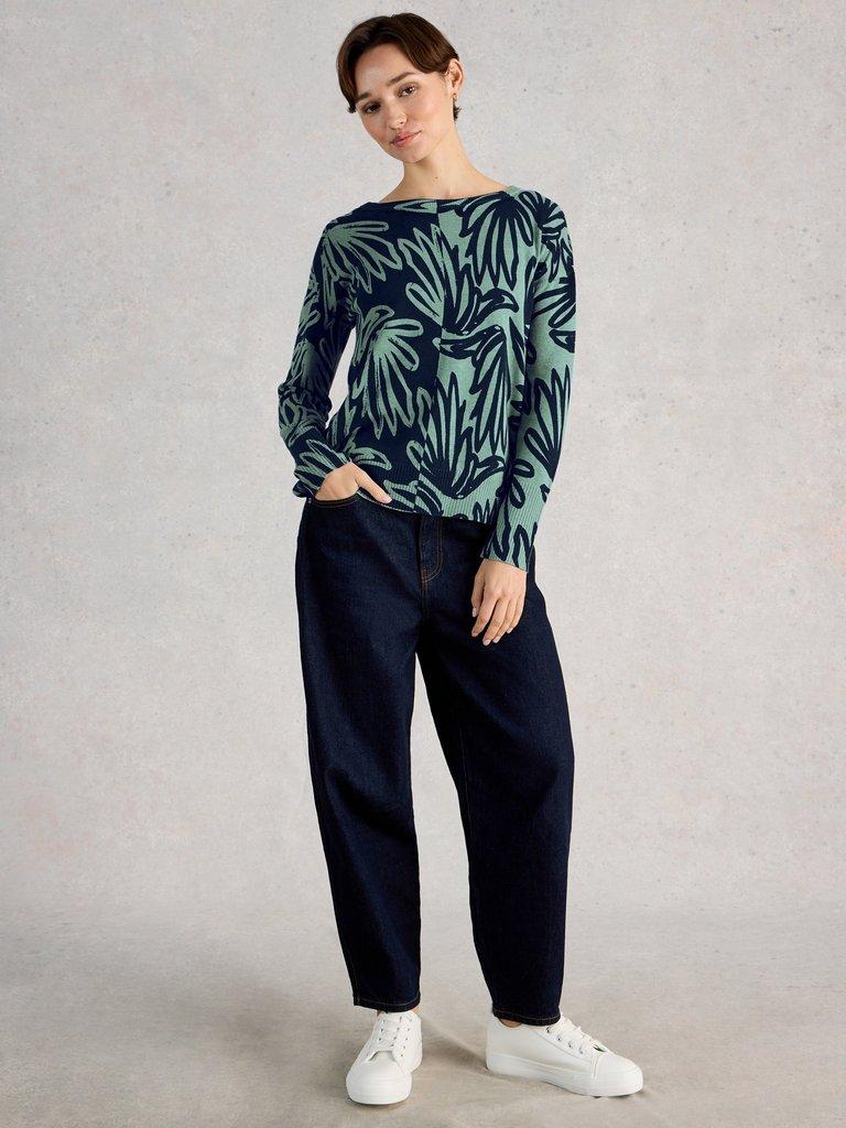 OLIVE PRINT CREW NECK JUMPER in BLUE PR - MODEL FRONT