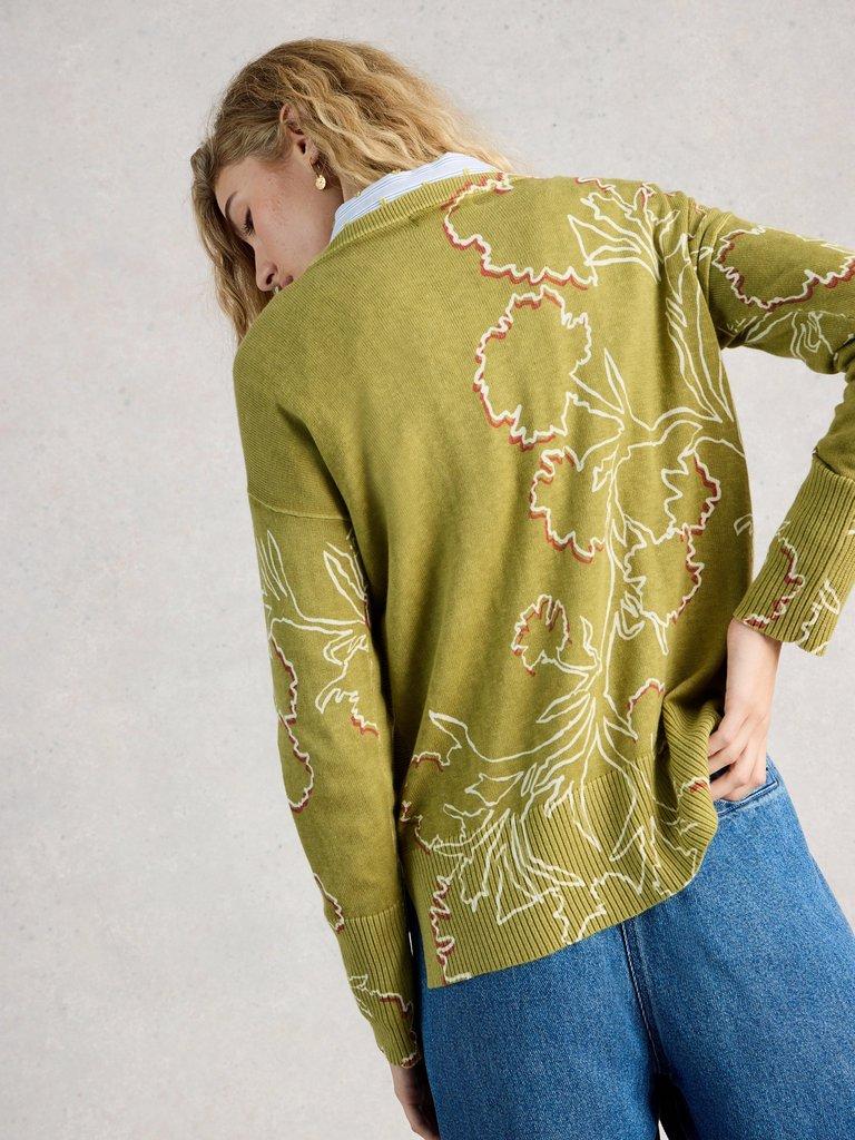OLIVE PRINT CREW NECK JUMPER in GREEN PR - MODEL BACK