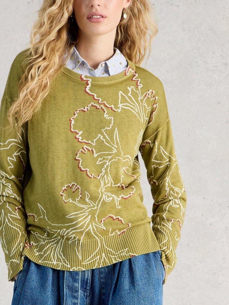 OLIVE PRINT CREW NECK JUMPER in GREEN PR - MODEL DETAIL