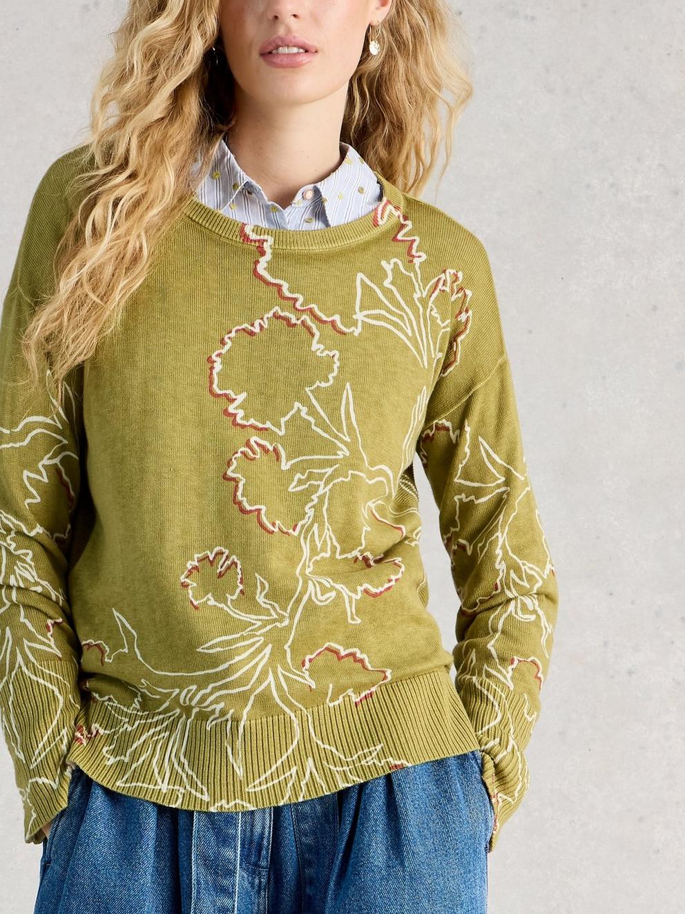 OLIVE PRINT CREW NECK JUMPER in GREEN PR - MODEL DETAIL