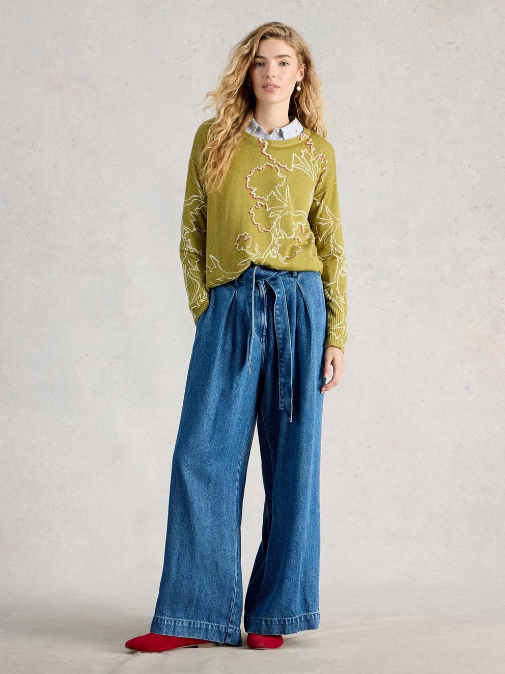 OLIVE PRINT CREW NECK JUMPER in GREEN PR - MODEL FRONT