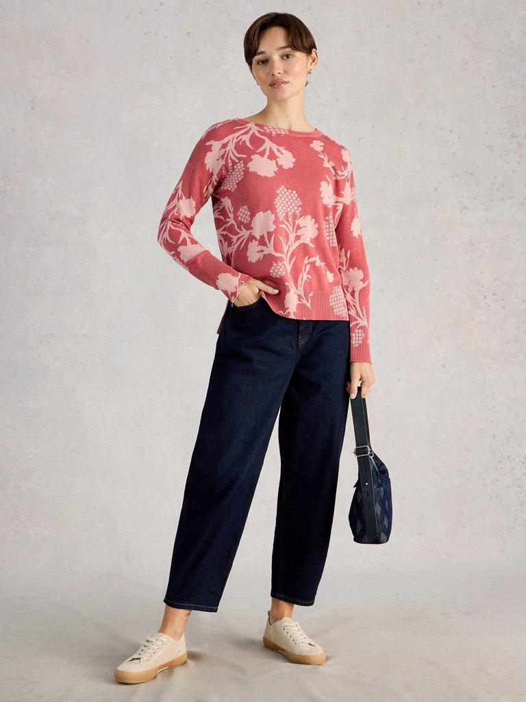 OLIVE PRINT CREW NECK JUMPER in PINK PR - MODEL FRONT