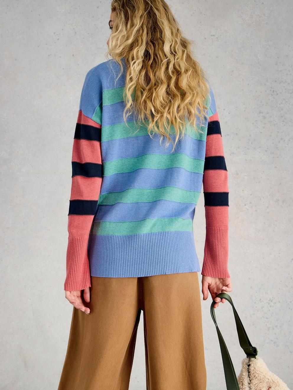 OLIVE CREW NECK STRIPE JUMPER in BLUE MLT - MODEL BACK