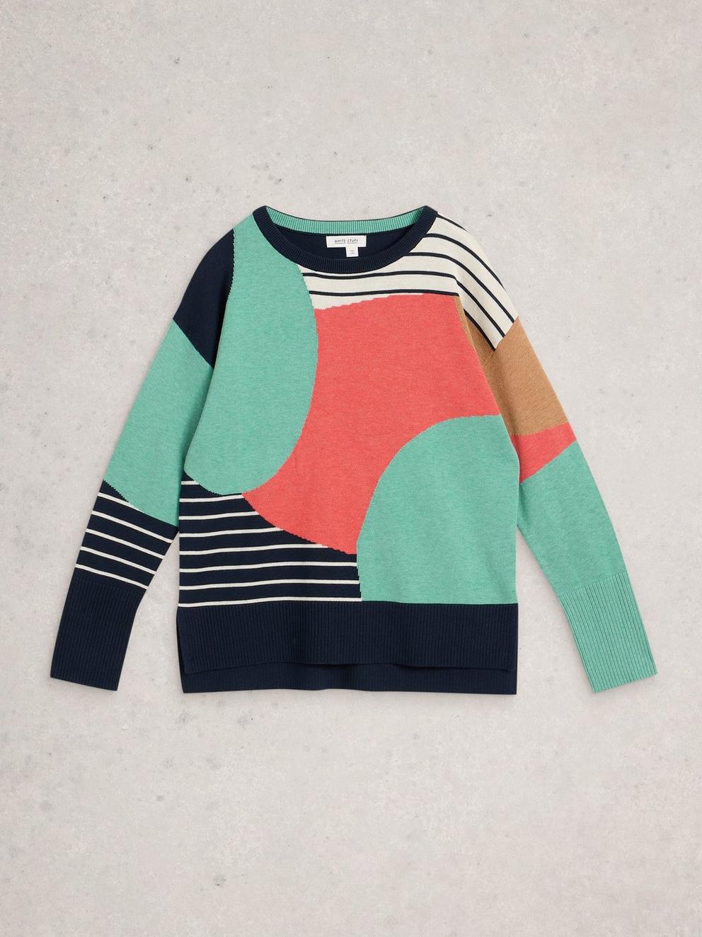 OLIVE CREW NECK ABSTRACT JUMPER in NAVY MULTI - FLAT FRONT