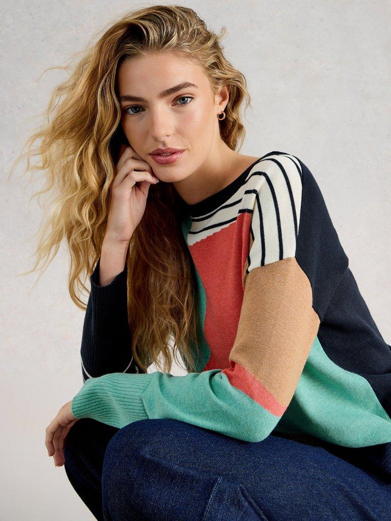 OLIVE CREW NECK ABSTRACT JUMPER in NAVY MULTI - LIFESTYLE